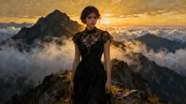  云海之巅的黑衣女子2464#横屏 	 