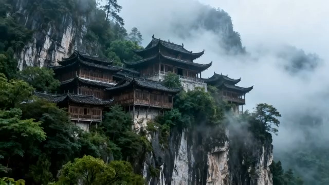  云雾缭绕中的古寺2466#横屏 	 