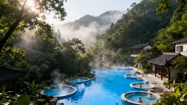  山间温泉度假景观1669#横屏 	 