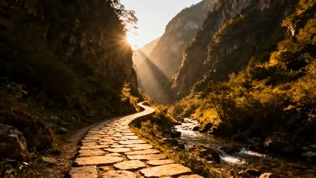  山间石板路晨光美景1667#横屏 	 