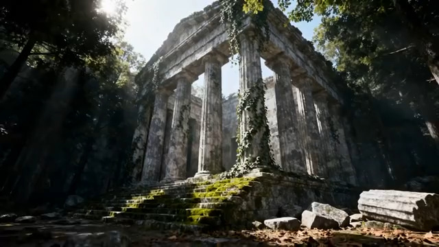  森林中的古老石柱遗迹1586#横屏 	 