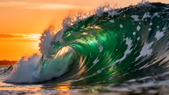  日落时分的绿色海浪1534#横屏 	 