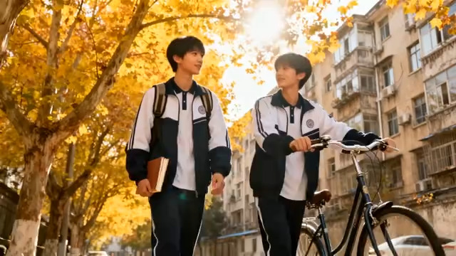  秋日校园少年自行车同行1493#横屏 	 