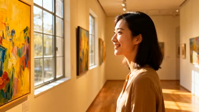  女子在美术馆欣赏画作1400#横屏 	 