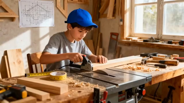  男孩使用砂光机打磨木料1354#横屏 	 