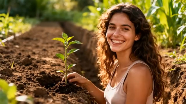  女孩栽种幼苗微笑1388#横屏 	 