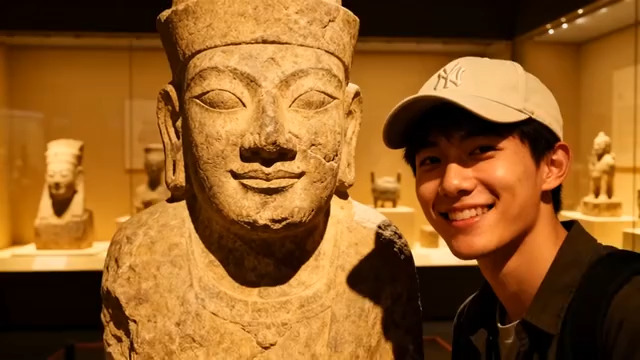  男生与文物雕像微笑合影1360#横屏 	 