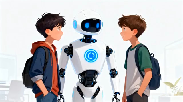  男孩与机器人伙伴互动1356#横屏 	 