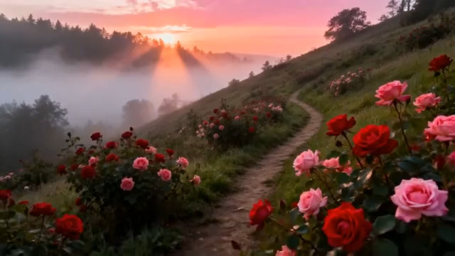  玫瑰山谷晨雾日出1302#横屏 	 -