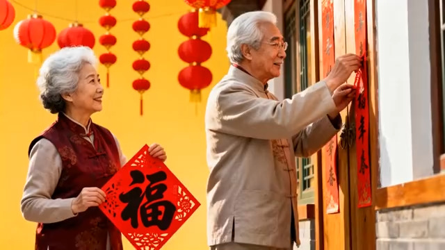  老夫妻贴春联迎新年1216#横屏 	 