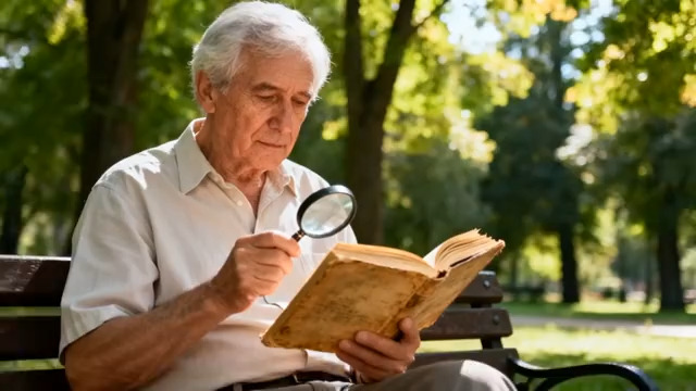  老人公园用放大镜看书1234#横屏 	 