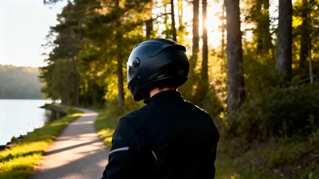  林间湖畔摩托车骑行背影1257#横屏 	 