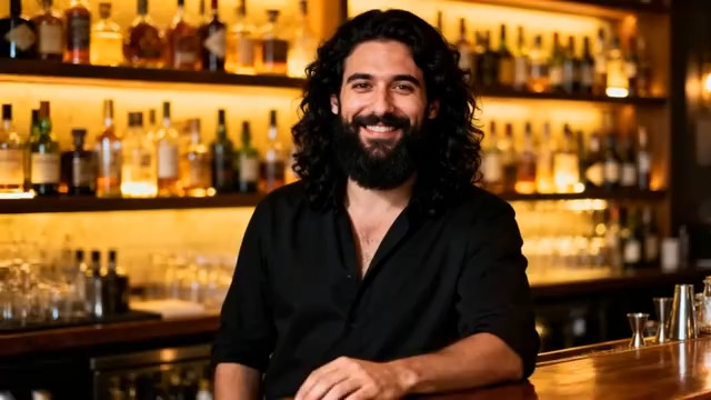  酒吧调酒师微笑服务1072#横屏 	 