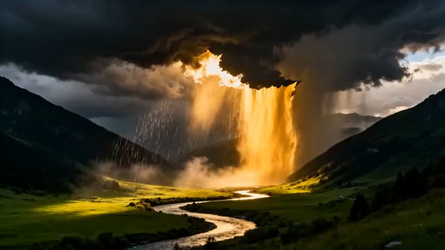  金色阳光穿透乌云洒向山谷1050#横屏 	 