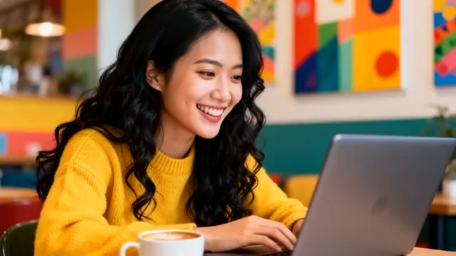  咖啡厅办公的快乐女生1092#横屏 	 