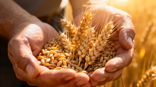  金色麦田丰收手捧麦粒1018#横屏 	 