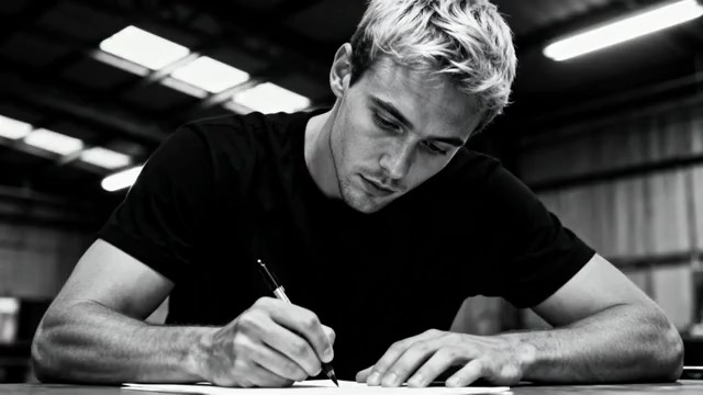  金发男子专注写字965#横屏 	 