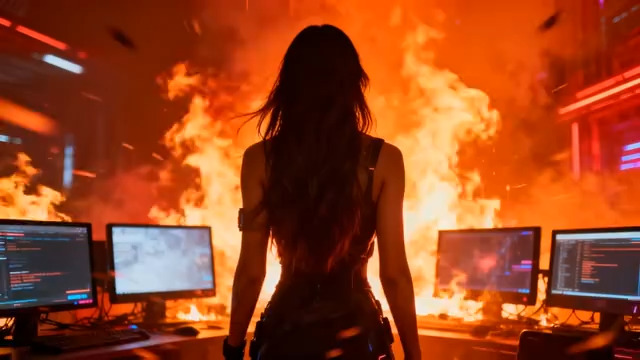  火焰中的黑客背影905#横屏 	 