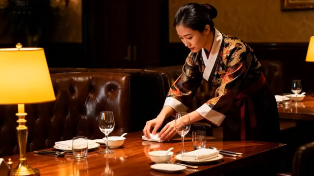  韩式餐厅服务员摆台691#横屏 	 