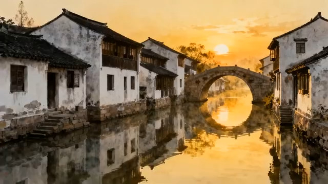  江南水乡日落美景953#横屏 	 -
