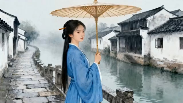  江南雨巷撑伞古装女子955#横屏 	 