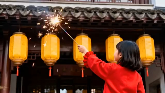  红衣女孩手持烟花棒832#横屏 	 -