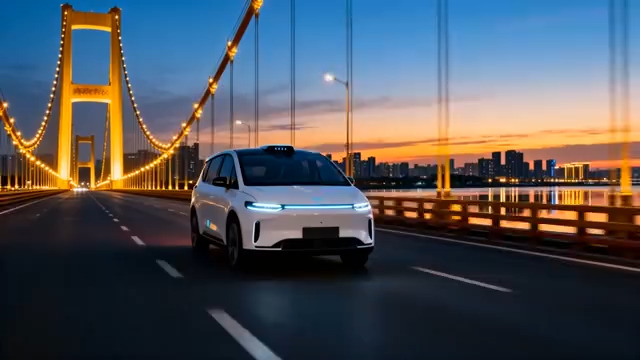  黄昏大桥上的自动驾驶汽车879#横屏 	 