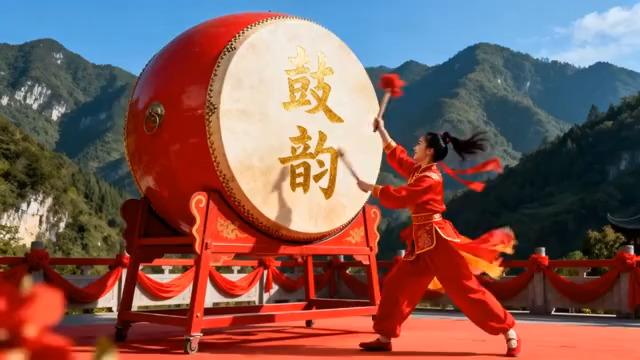  红衣女子击鼓表演833#横屏 	 