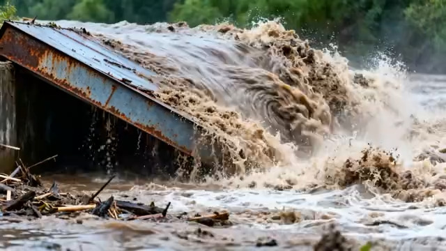  洪水冲击泄洪口实拍839#横屏 	 