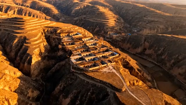  黄土高原金色梯田航拍889#横屏 	 