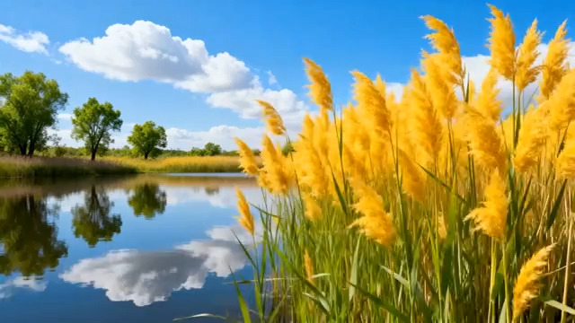  湖畔芦苇荡随风摇曳855#横屏 	 