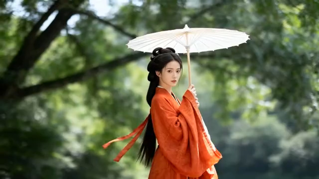  红衣汉服女子持伞漫步林间829#横屏 	 -