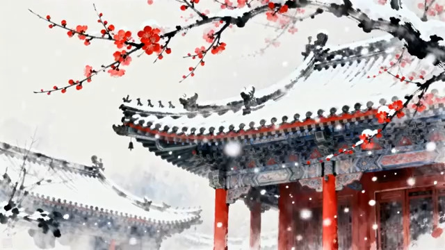  红墙白雪梅花古建筑801#横屏 	 