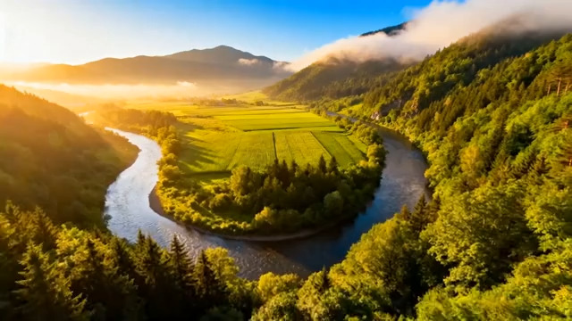  航拍绿色田野河流全景724#横屏 	 