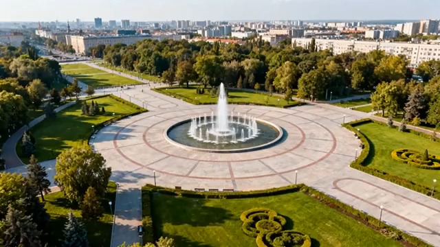  航拍城市中心喷泉公园702#横屏 	 