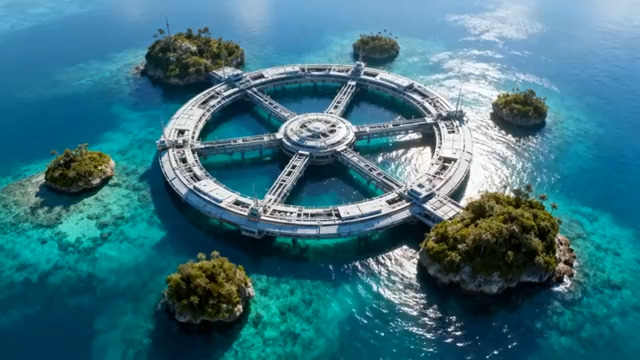  海上圆形建筑航拍677#横屏 	 -