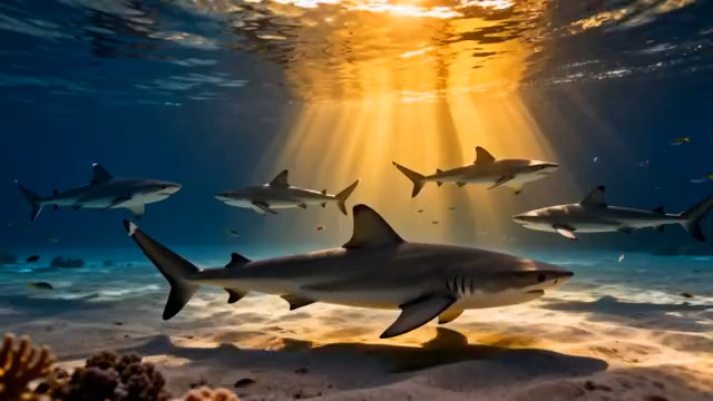  海底阳光与鲨鱼群622#横屏 	 