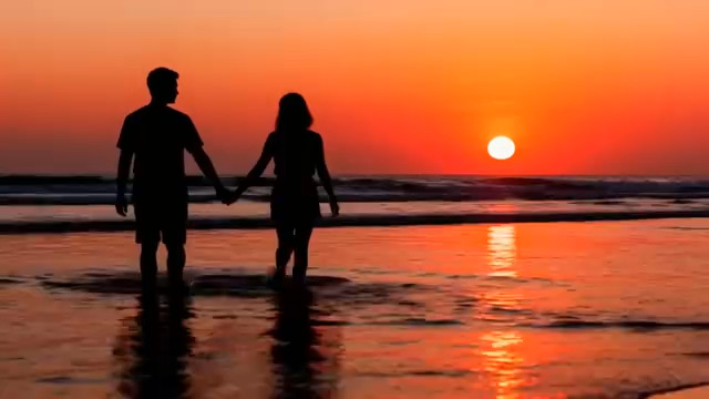  海边日落情侣牵手剪影591#横屏 	 
