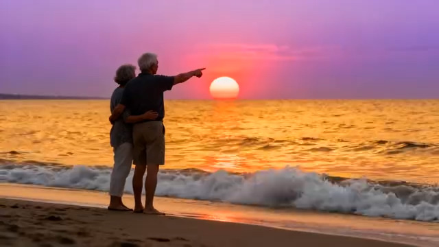  海边夕阳下的老夫妻593#横屏 	 