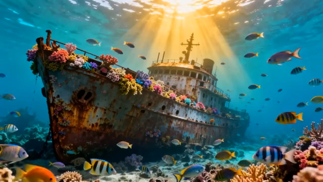  海底沉船与鱼群共舞602#横屏 	 