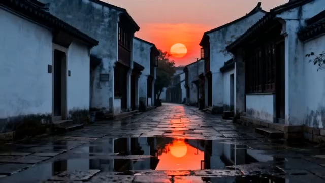 古镇日出倒影街景561#横屏 	 