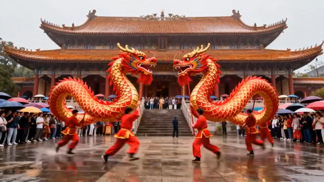  古建筑前舞龙表演546#横屏 	 