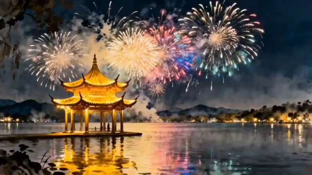  古风亭台烟花夜景540#横屏 	 