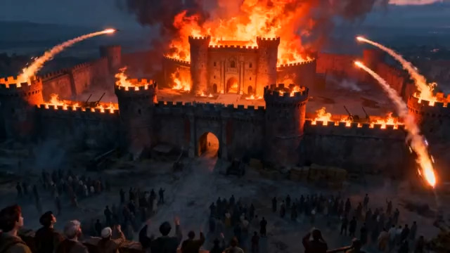  古城堡熊熊燃烧场景518#横屏 	 