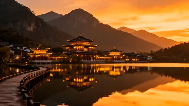  古风建筑日落湖面倒影534#横屏 	 