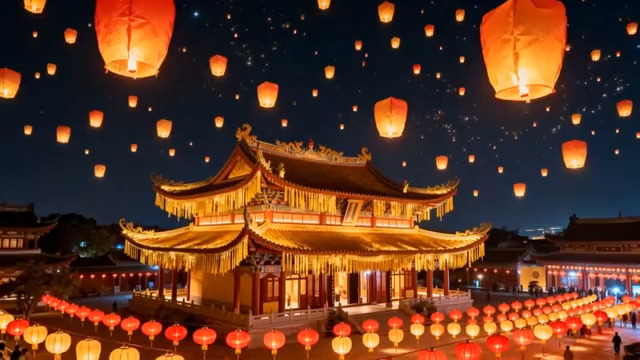  古风建筑孔明灯夜景533#横屏 	 -