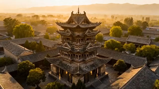  古建楼阁航拍晨光545#横屏 	 