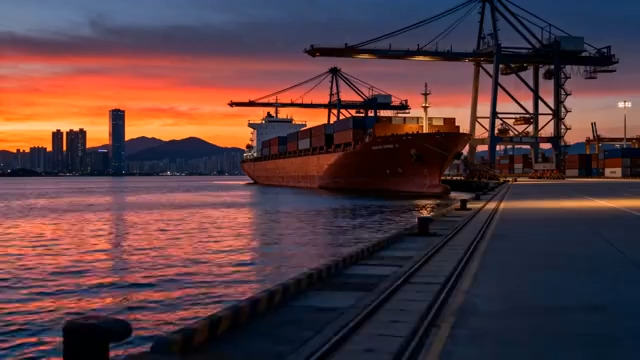  港口日落集装箱货轮454#横屏 	 