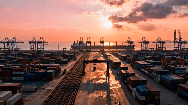  港口集装箱日落航拍453#横屏 	 