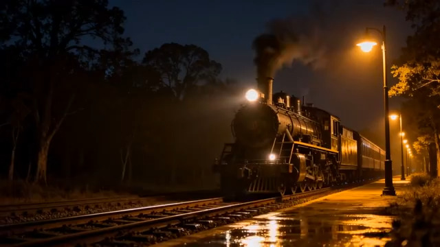  复古蒸汽火车夜景437#横屏 	 